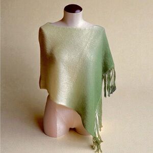 Pistachio / Leaf Green Asymmetrical Knit Shawl with Fringe